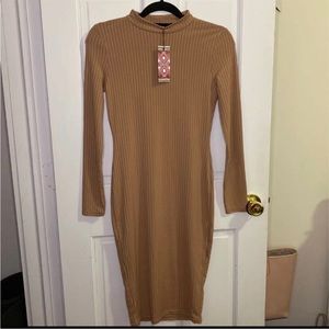 Tan brown Boohoo ribbed mock turtleneck dress